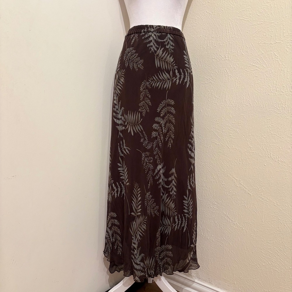 Silks by I.S.C. Brown Fern Print 100% Silk Maxi Skirt 3X Fairy Boho Retro Chic